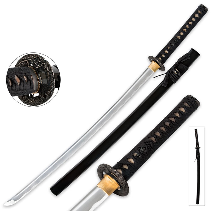 Dragon Warrior Samurai Katana shown with ornate dragon tsuba, black glossy scabbard, and black cord wrapped handle. 