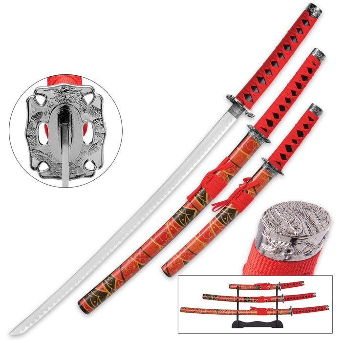 Scarlet Katana 3-Piece Carbon Steel Sword Set with Display Stand