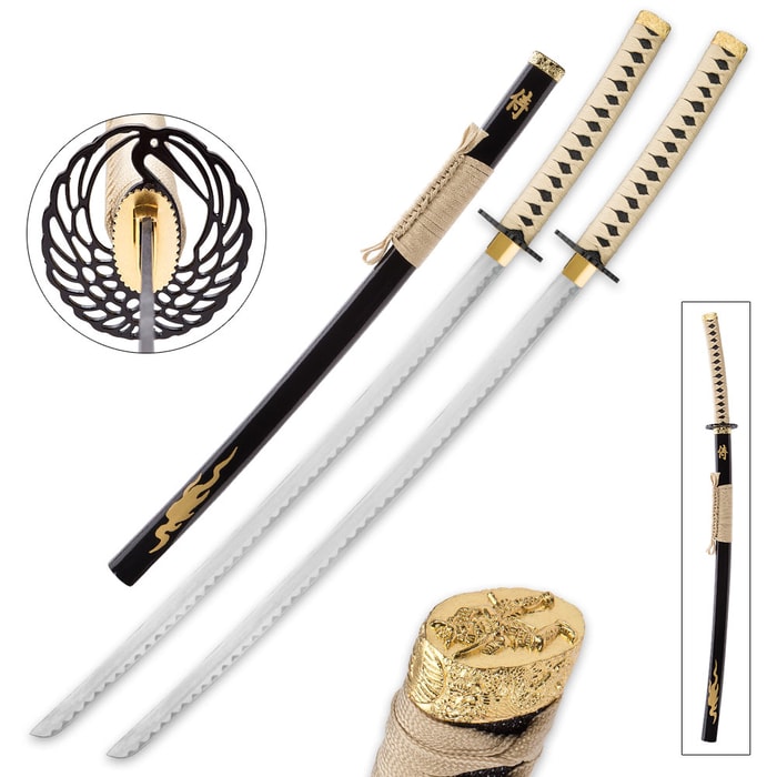 Goldenfire Twin Display Katana Set - Includes Two Display Swords with Scabbards, Wooden Double Stand