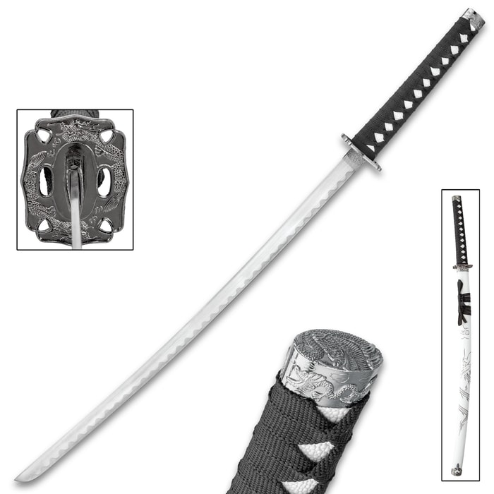 Cloud Dragon Katana With Scabbard - Stainless Steel Blade, Metal Alloy Tsuba, Cord-Wrapped Handle - Length 36 1/2”