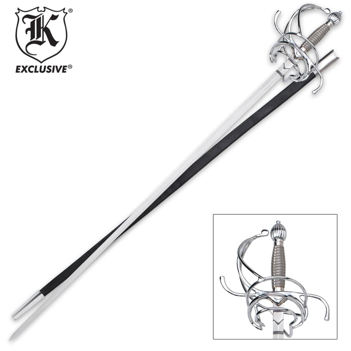K Exclusive silver rapier show atop black leather sheath with silver accents and a detailed showcasing of the twisted steel handguard. 