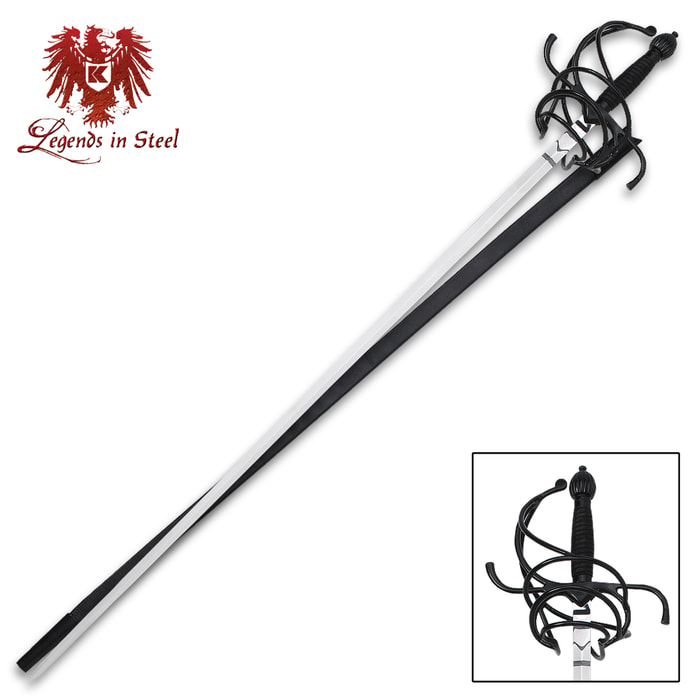 Legends in Steel black rapier sword with stainless steel blade sits atop black leather scabbard with a detailed view of the wire wrapped handle. 