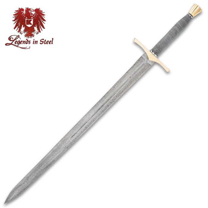 Legends in Steel Medieval Sword shown in full with Damascus steel blade and traditional hilt with wire wrapped grip.