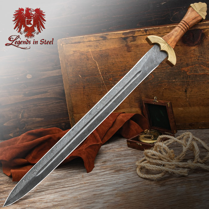 The full length of the Legends In Steel Viking King Sword on display