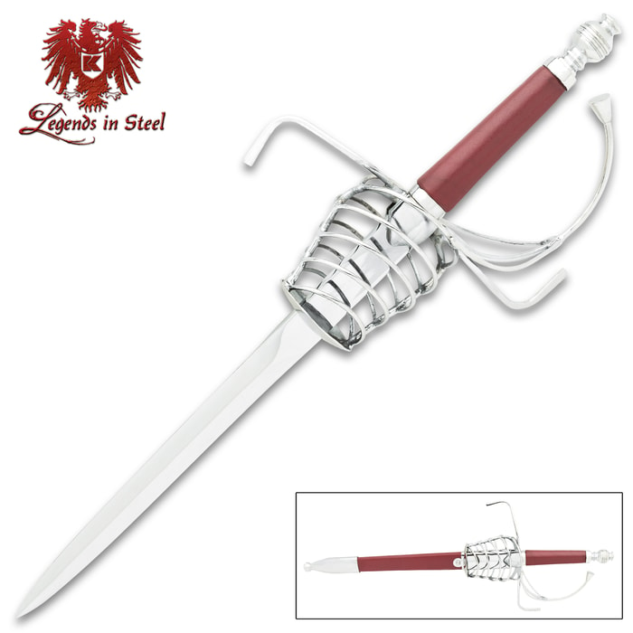 The Mini Guard Rapier shown displayed in and out of its scabbard