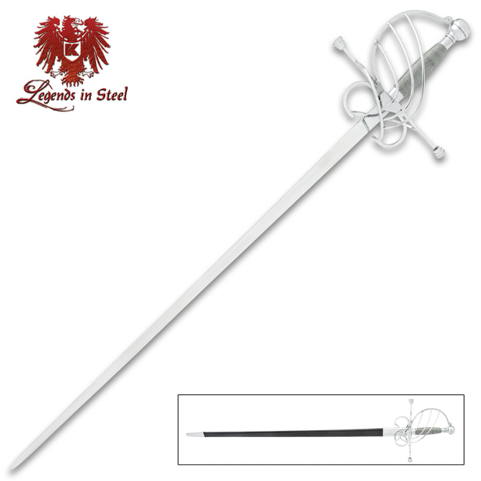 The Combat Rapier shown in and out of its scabbard