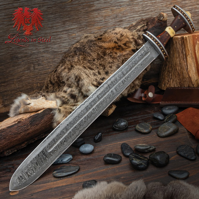 The full length of the Legends In Steel Viking Raider Short Sword on display