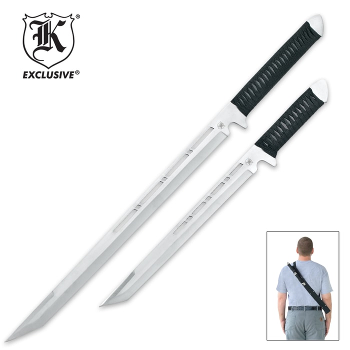 K Exclusive Striking Cobra twin ninja swords are laid side by side to show size difference in the blades and show in over the shoulder scabbard. 