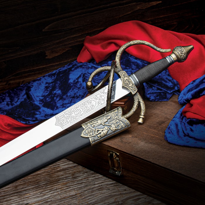 This Mio Cid Knight's templar rapier sword has details of the knight Mio Cid cast into the scabbard. The handle is wire wrapped with a unique hand guard.