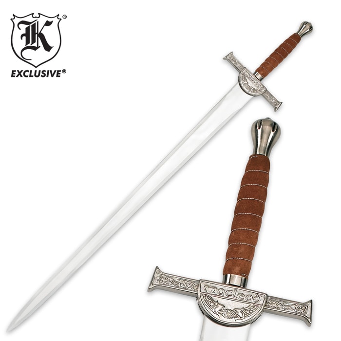 K Exclusive Scottish Macleod Broadsword shown in full and with attention to the leather and wire wrapped hilt with “Macleod” on the cross-guard. 