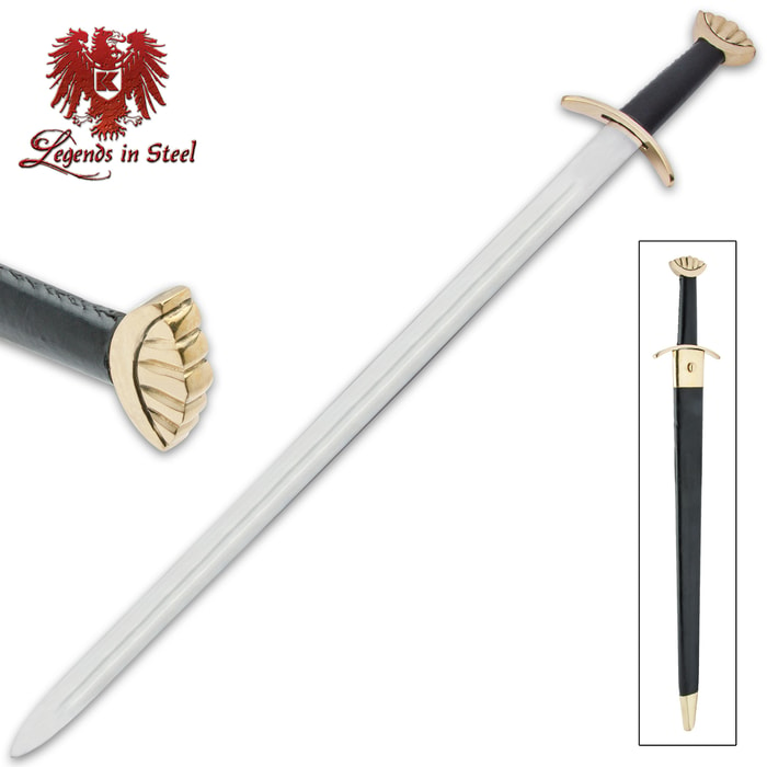Legends in Steel Norseman Viking long sword shown with detailed brass pommel and in leather scabbard. 
