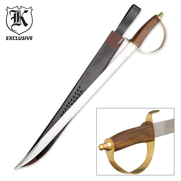 K Exclusive Military Replica Calvary sword shown with synthetic leather scabbard and detail of the hardwood handle. 