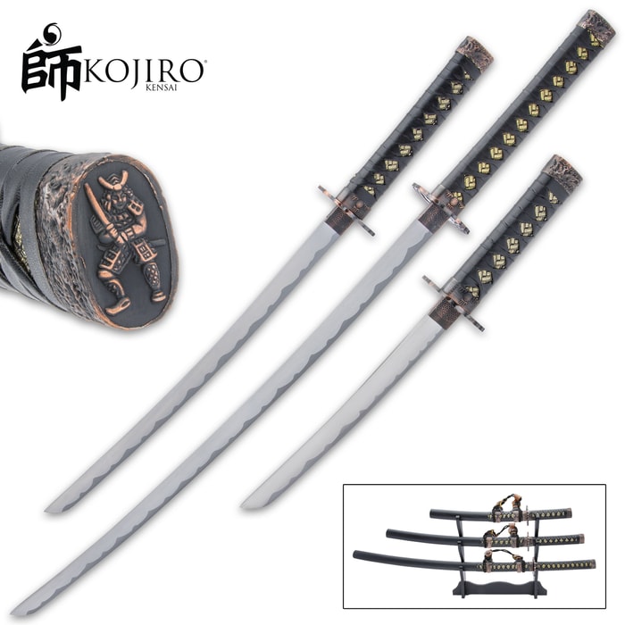 The Kojiro Night Watch Three-Piece Sword Set gives you the full daisho of a Samurai warrior, which is a katana, wakizashi and tanto