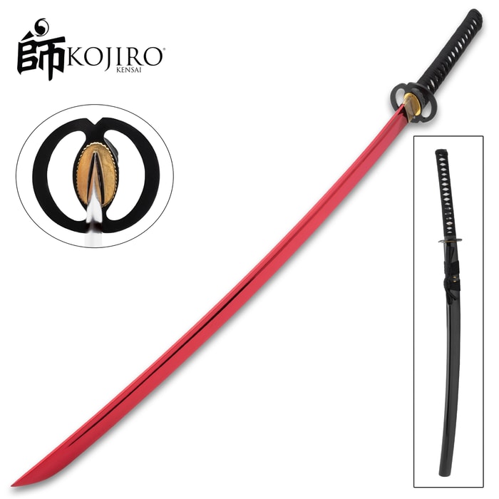 The Kojiro Ruby Red Katana with its scabbard and a view of the tsuba