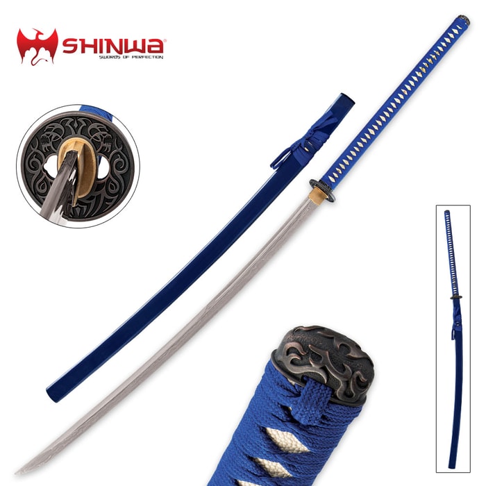 Shinwa Odachi Sword shown with detailed view of the cast metal tsuba, blue hardwood scabbard, and blue cord wrapped handle. 