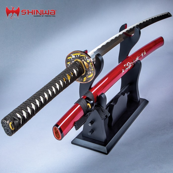 Shinwa Crimson Warrior Katana With Scabbard - 1045 High Carbon Steel Blade, Genuine Rayskin, Brass Habaki - Length 41 1/4”
