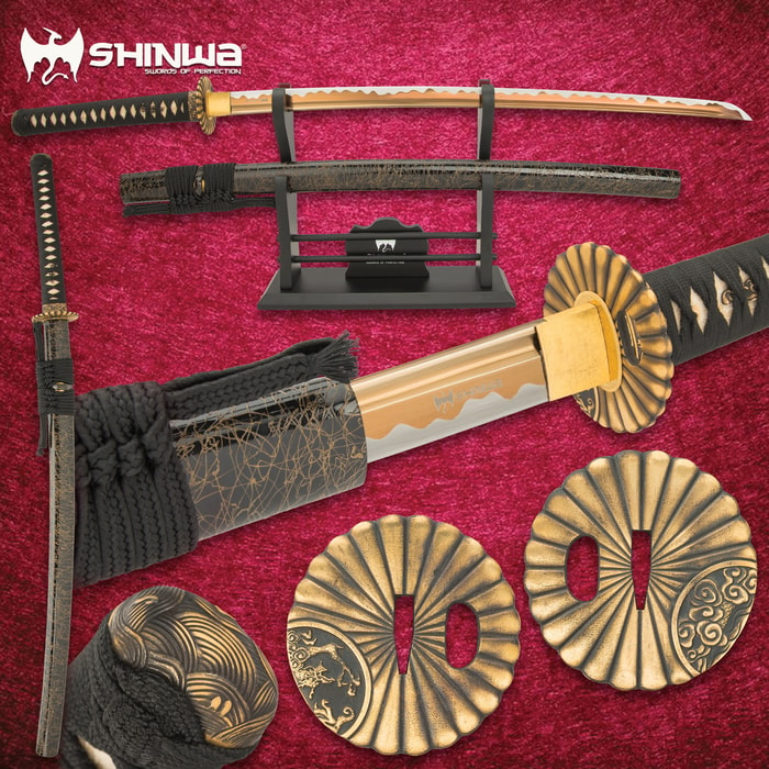 Shinwa Japanese sword displayed to show the 1060 carbon steel blade with burned finish, brass tsuka and habaki
