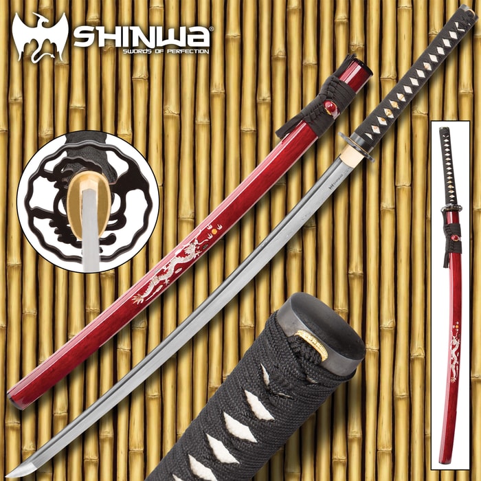 Japanese handmade sword with close up varied views of steel blade with white rayskin by red saya with dragon motif
