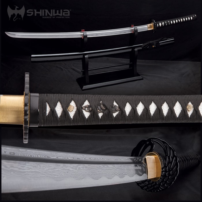 Various zoomed views showing the shinwa handmade katana with damascus steel blade displayed on wooden stand wrapped handle
