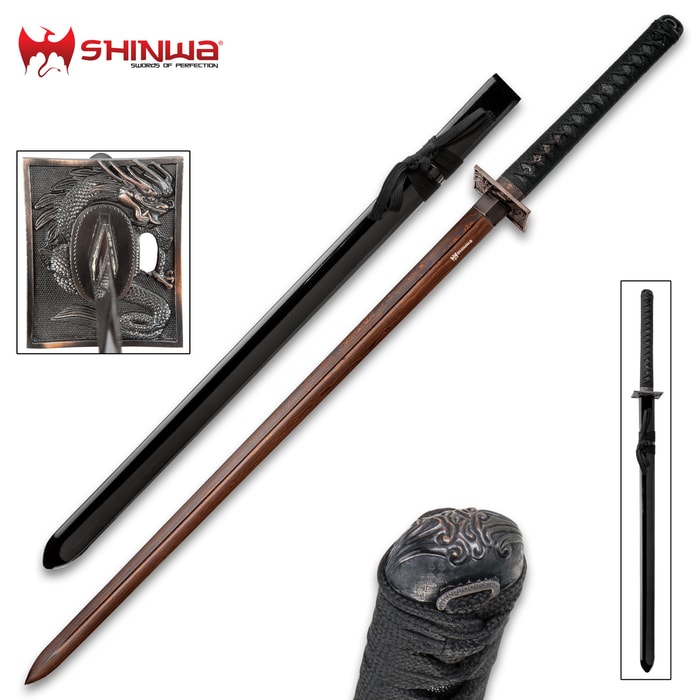 Shinwa Abyss katana shown in full next to black scabbard with detailed view of dragon tsuba and decorative pommel. 