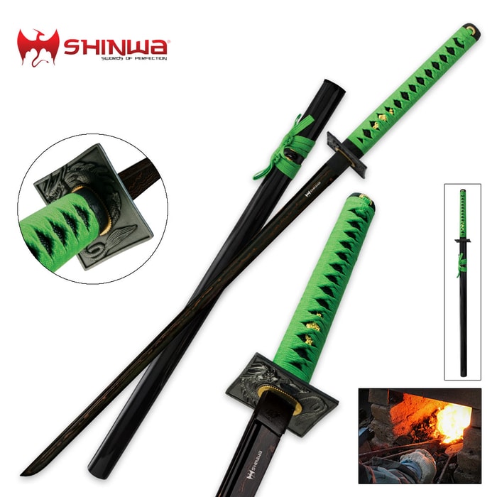 Shinwa Undead Warrior Katana shown with bright green cord wrappings on handle and scabbard and ornate tsuba. 