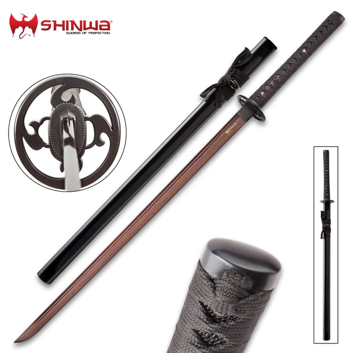 Shinwa Unbroken Night katana shown with black lacquered scabbard and detailed view of the cast tsuba. 