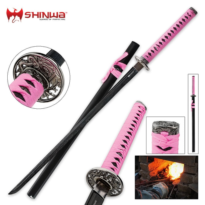 Shinwa Warrior Katana shown with black scabbard, ornate tsuba, and bright pink cord wrapped handle. 