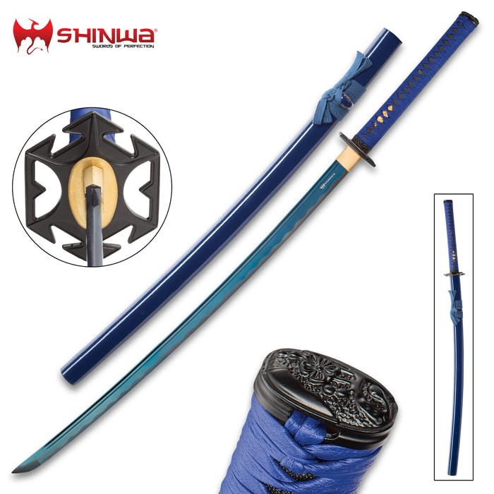 Shinwa Azure Sea Lily Handmade Katana - Hand Forged Blue 1045 Carbon Steel Blade, Blue Leather - Wooden Display Stand