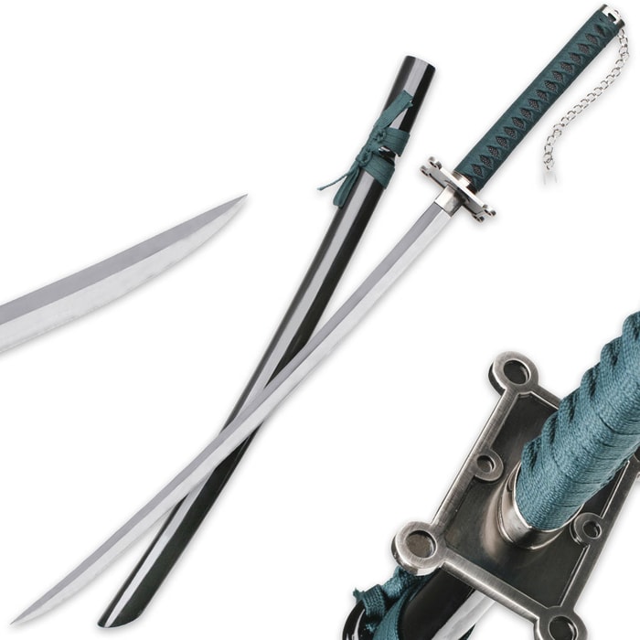 Jade Warrior Katana / Samurai Sword with Black Lacquered Saya / Scabbard - Forest Green Cord Wrapping - Two-Tone Carbon Steel Blade - Custom Cast Tsuba - Pommel / Kashira Chain - 41"