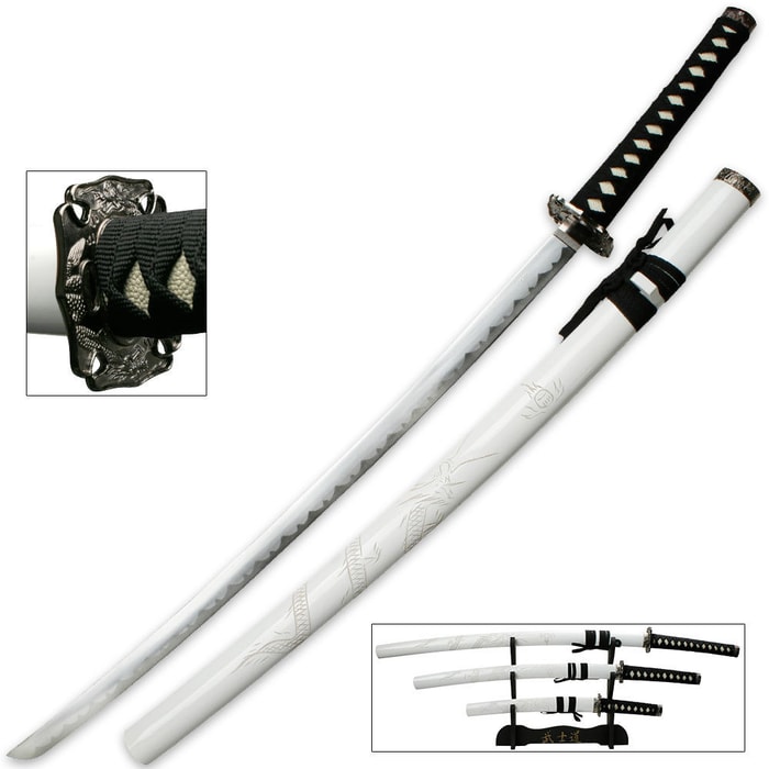 White Dragon Three Piece Imperial Samurai Sword Collection With Stand