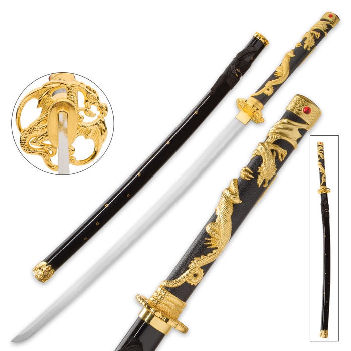 Ten Ryu Garnet Crown Dragon Katana with Black Wooden Scabbard - Gold-Colored Ornamentation