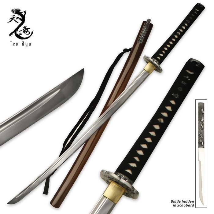Ten Ryu 1045 Carbon Steel Katana Sword & Throwing Knife Combo Brown