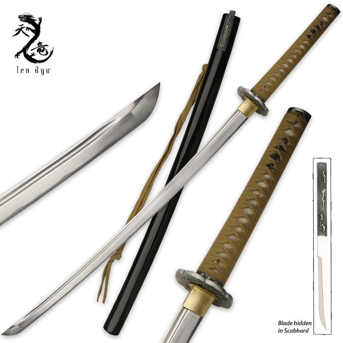 Ten Ryu 1045 Carbon Steel Katana Sword & Throwing Knife Combo Black