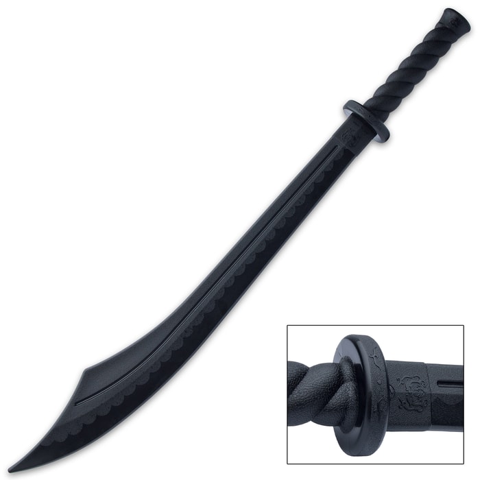 Black polypropylene training broadsword shown with curved blade and intricate detailing on the guard. 