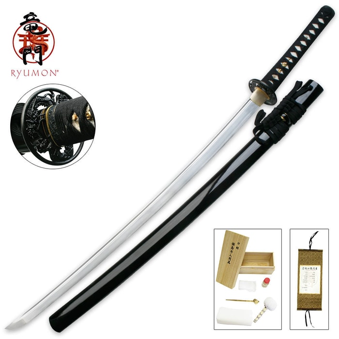 Ryumon Dragon Katana Sword with Black Lacquered Scabbard