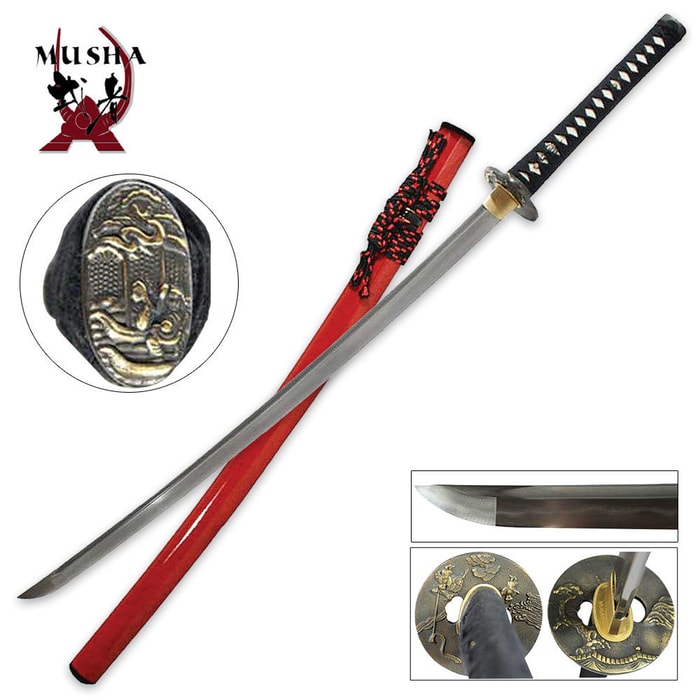 Hand Forged Samurai Sword with Red High Gloss Scabbard