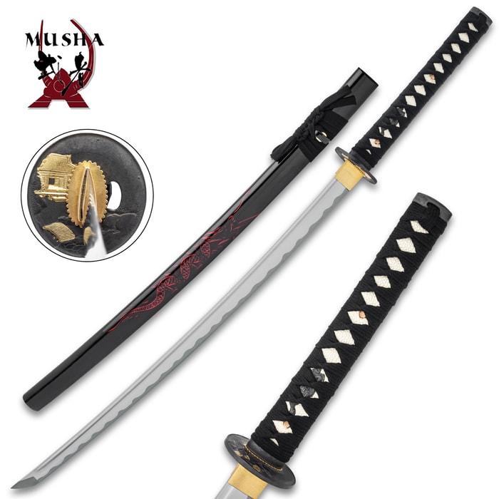 Musha Samurai Sword shown with zoomed view of black and brass tsuba and scabbard with red dragon design. 