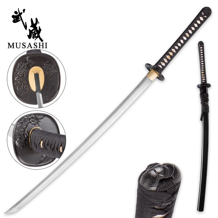 Musashi Hand-Forged Samurai Dragon Katana With Scabbard - Clay Tempered 1095/1045 Blended High Carbon Steel Blade, Hardwood Handle - Length 41 1/2”