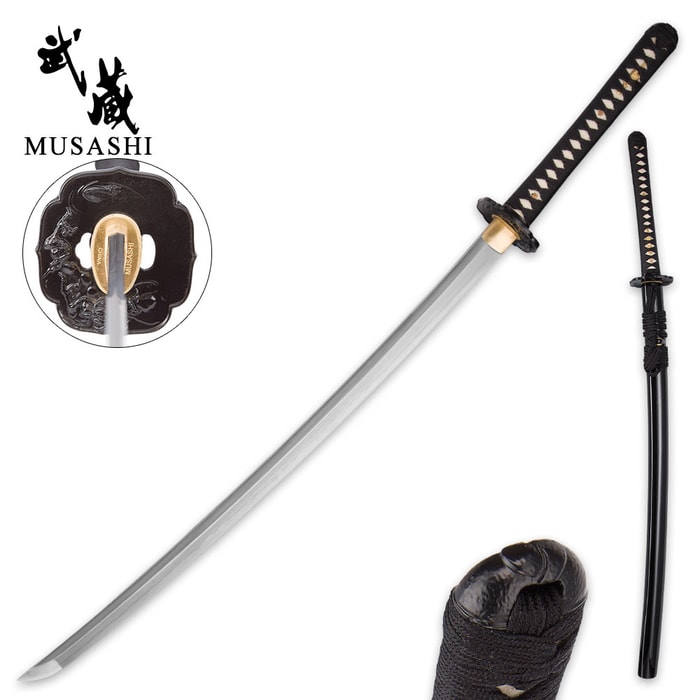 Musashi Hand-Forged Water Dragon Katana With Scabbard - Clay Tempered 1095 High Carbon Steel Blade, Hardwood Handle - Length 41 1/2”