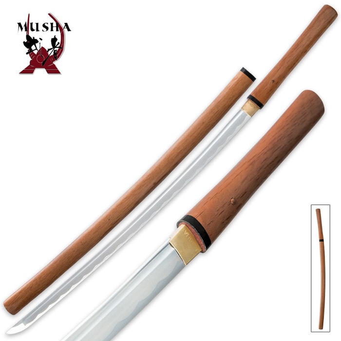 Musha Bushido Natural Wooden Shirasaya shown with tan hardwood handle and coordinating scabbard. 