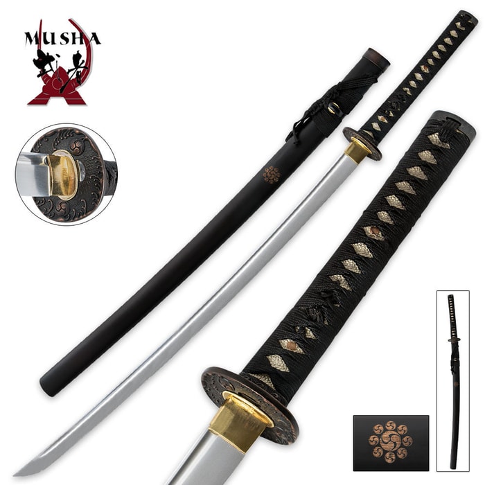 Musha Raging Waters Katana shown in various views, including wave detailing on the tsuba and scabbard. 