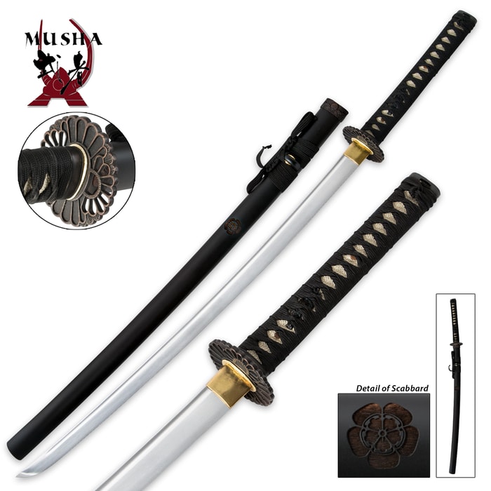 Musha Bushido Genko Samurai Katana from various views, including detailed shot of the floral tsuba and floral design on scabbard. 