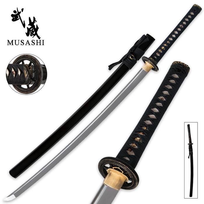 Musashi katana shown with metal tsuba, black scabbard, and ray skin handle wrapped in black cord. 