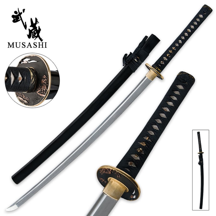 Musashi katana with black glossy scabbard, steel tsuba, and ray skin handle wrapped with cord. 