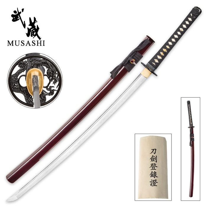Musashi katana shown from various views with red glossy scabbard and dragon tsuba. 