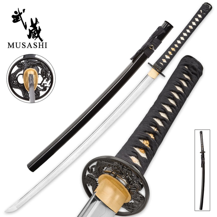 Various views of the Musashi katana with black glossy scabbard, cast dragon tsuba, and ray skin handle. 