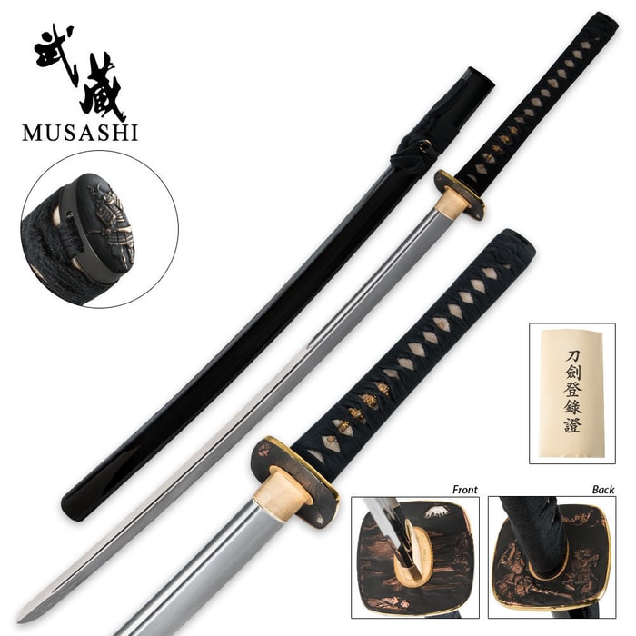 Musashi Samurai Katana shown with detailed looks at the tsuba, decorated with scenery, and the samurai pommel. 