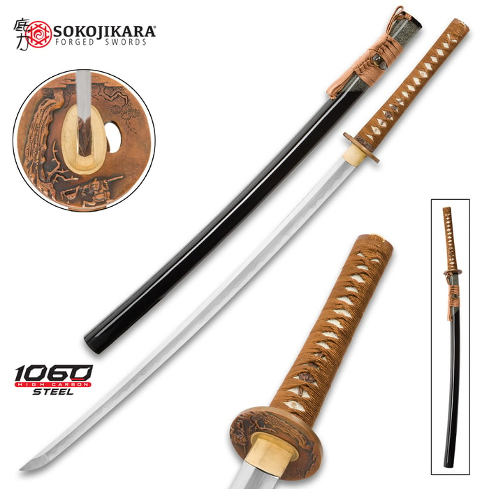 Sokojikara Kodama Handmade Katana / Samurai Sword - 1060 High Carbon Steel, Clay Tempered, Hand Forged - Genuine Ray Skin; Brass Tsuba - Functional, Full Tang, Battle Ready