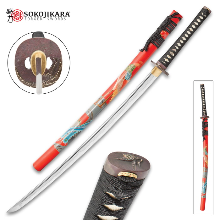 Various views of the Sokojikara Crane Katana, including detailed crane tsuba, scabbard with ornate crane artwork, and crane detailed pommel. 