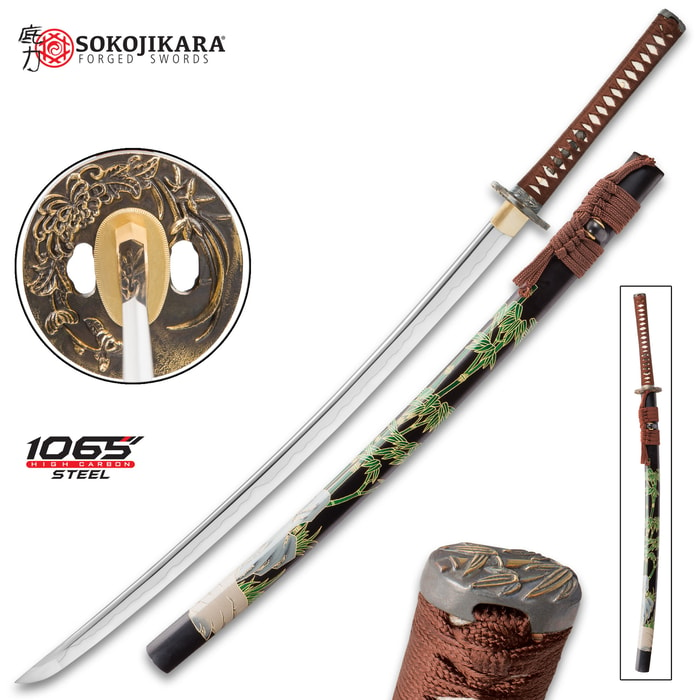 Sokojikara Shadow Grove Katana shown with detailed views of the floral tsuba and bamboo accents on pommel and scabbard. 